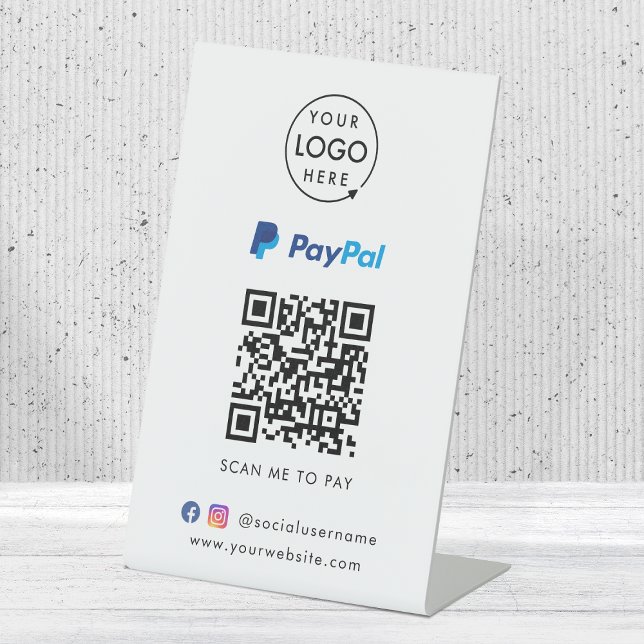 Paypal QR Code Payment | Scan to Pay Business Logo Pedestal Sign (Interactive "scan to pay” QR code cash wrap table signage for collecting digital payment by Paypal.)