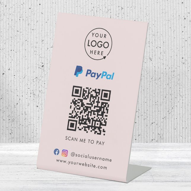 Paypal QR Code Payment | Scan to Pay Business Pink Pedestal Sign (Interactive "scan to pay” QR code cash wrap table signage for collecting digital payment by Paypal.)