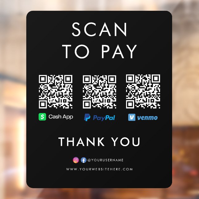 Paypal Venmo Cash App Scan to Pay QR Code Black Window Cling (Sheet 2)