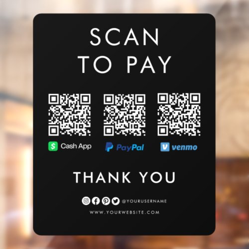 Paypal Venmo Cash App Scan to Pay QR Code Black Window Cling