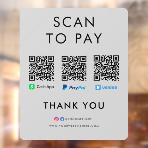 Paypal Venmo Cash App Scan to Pay QR Code Grey Window Cling