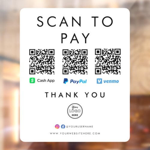 Paypal Venmo Cash App Scan to Pay QR Code Logo Window Cling