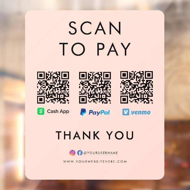 Paypal Venmo Cash App Scan to Pay QR Code Pink Window Cling (Sheet 2)