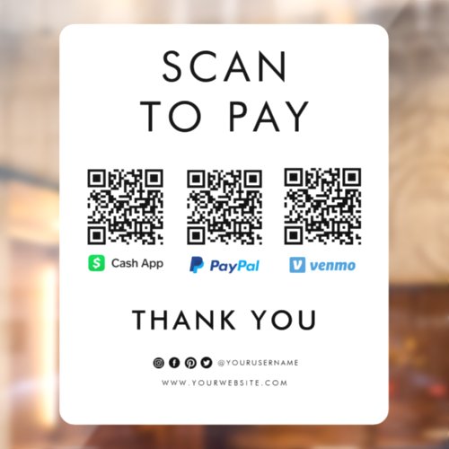 Paypal Venmo Cash App Scan to Pay QR Code White Window Cling