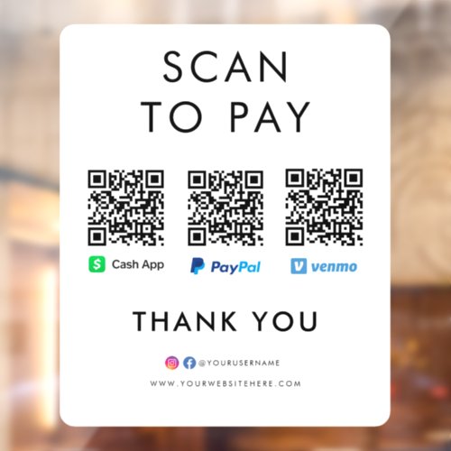 Paypal Venmo Cash App Scan to Pay QR Code White Window Cling