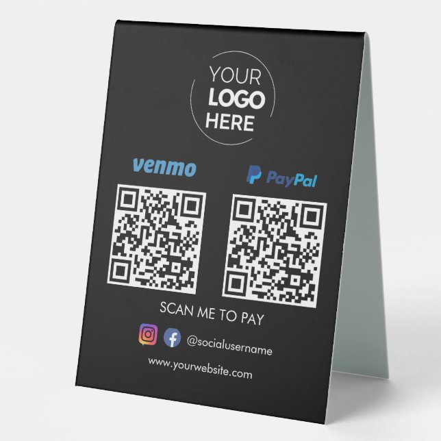 Paypal Venmo QR Code Payment | Scan to Pay Black Table Tent (Front)