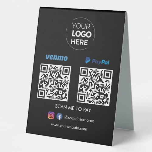 Paypal Venmo QR Code Payment  Scan to Pay Black Table Tent Sign