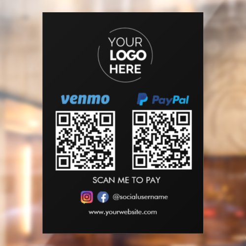 Paypal Venmo QR Code Payment  Scan to Pay Black Window Cling