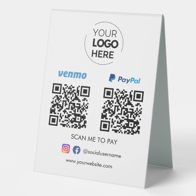 Paypal Venmo QR Code Payment | Scan to Pay Table Tent (Front)