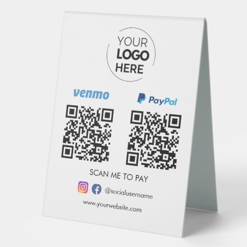 Paypal Venmo QR Code Payment  Scan to Pay Table Tent Sign