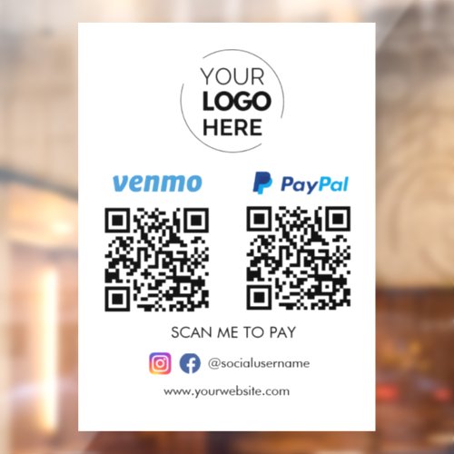 Paypal Venmo QR Code Payment  Scan to Pay Window Cling