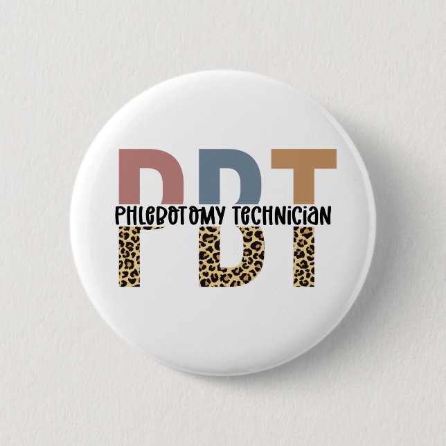 PBT Phlebotomy Technician Leopard Print Button (Front)