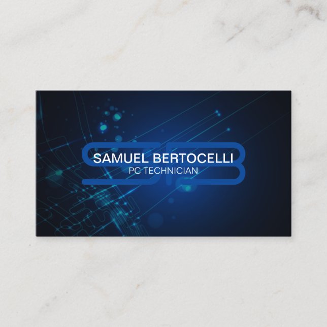 PC Technician Bold Monogram Computer Circuits Business Card (Front)