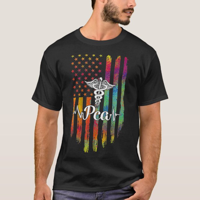 PCA Caduceus American Flag USA Heartbeats Nurse We T-Shirt (Front)