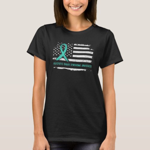 PCOS Awareness American Flag Teal Ribbon T_Shirt