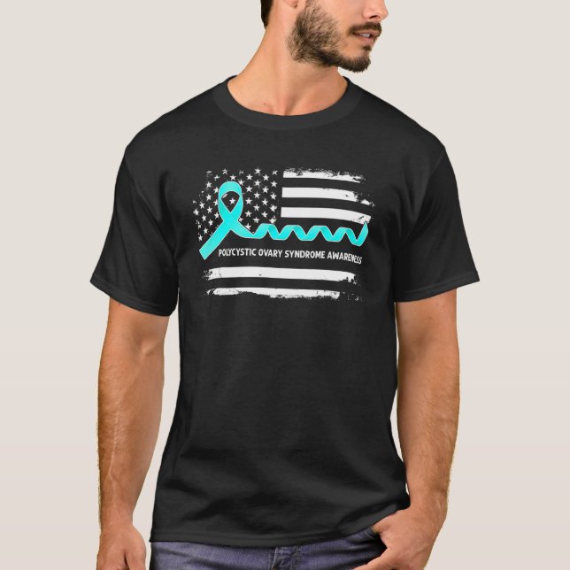 PCOS Awareness American Flag   Teal Ribbon T-Shirt (Front)