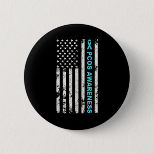 Pcos Awareness Month Teal Ribbon American Flag Men Button