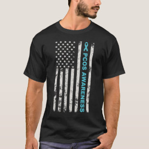 Pcos Awareness Month Teal Ribbon American Flag Men T-Shirt