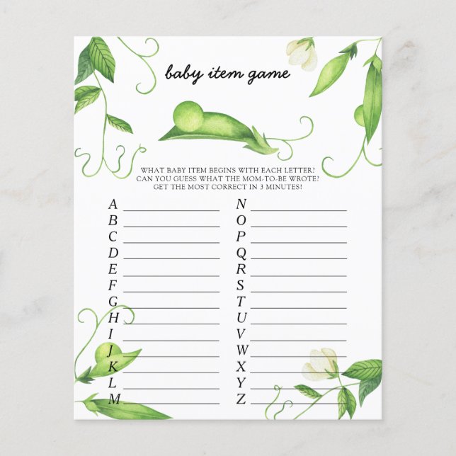 Pea Baby Item Game. Baby Shower Game (Front)
