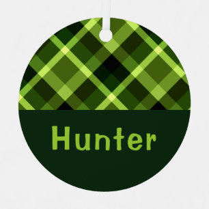 Pea Green Plaid Monogram Circle Metal Ornament