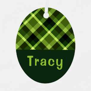 Pea Green Plaid Monogram Oval Metal Ornament