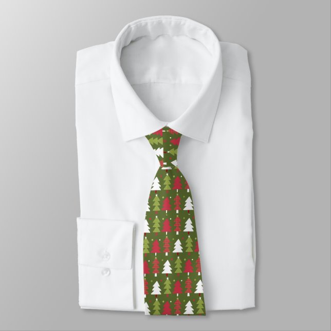 Pea Green With Red and White Christmas Trees  Neck Tie (Tied)