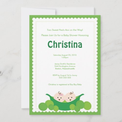 Pea Pod  Boy &amp; Girl Twins Baby Shower Invitation