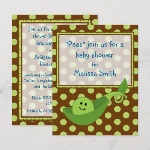Pea Pod on Polka Dots Baby Boy Shower Invitation