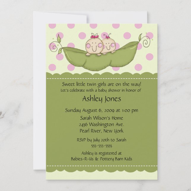 Pea Pod Twin Girls Baby Shower Invitations (Front)