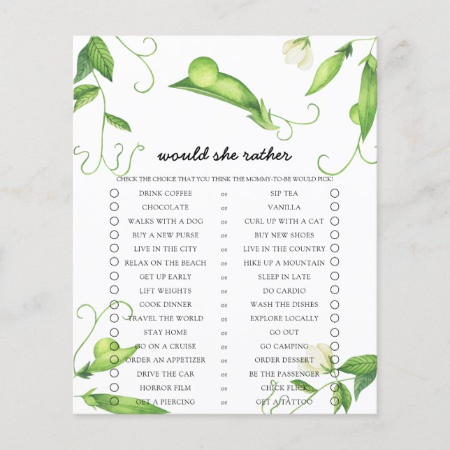Pea Would She Rather Baby Shower Game (Front)