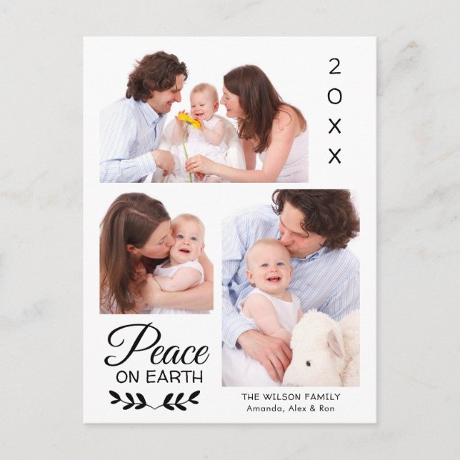 Peace 3 Photo Collage Personalized Family Holiday Postcard (Front)