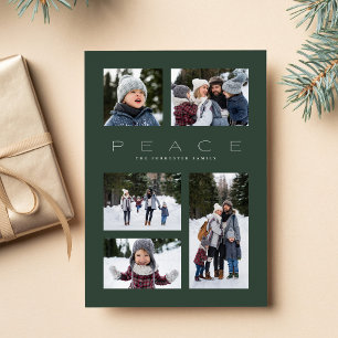 Peace 5 photo collage dark green minimal Christmas Holiday Card