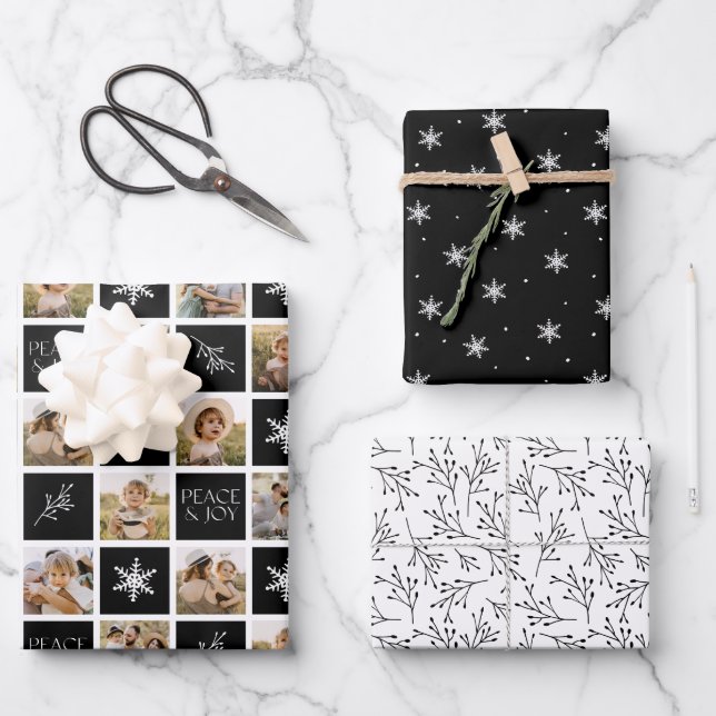 Peace and Joy Black Holiday Photo Collage Wrapping Paper Sheets (Front)
