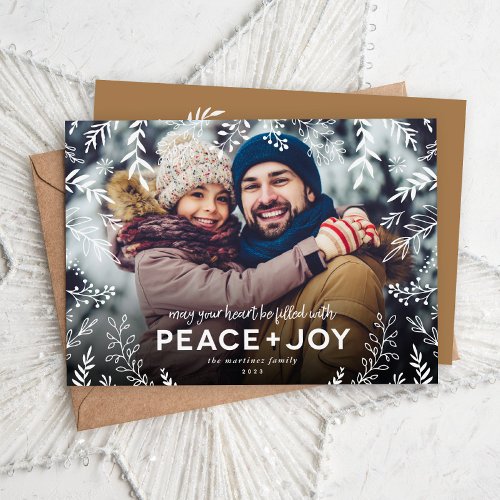 Peace and Joy Botanical Overlay Photo Holiday Card