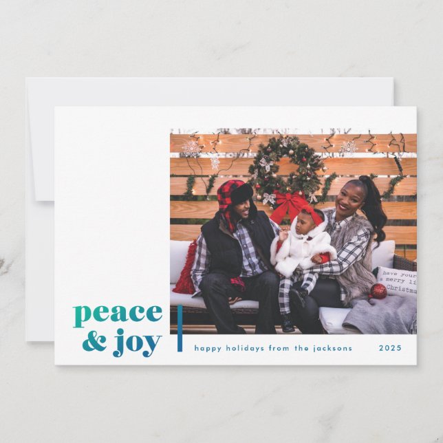 Peace and Joy Corner Blue Photo Holiday Card (Front)
