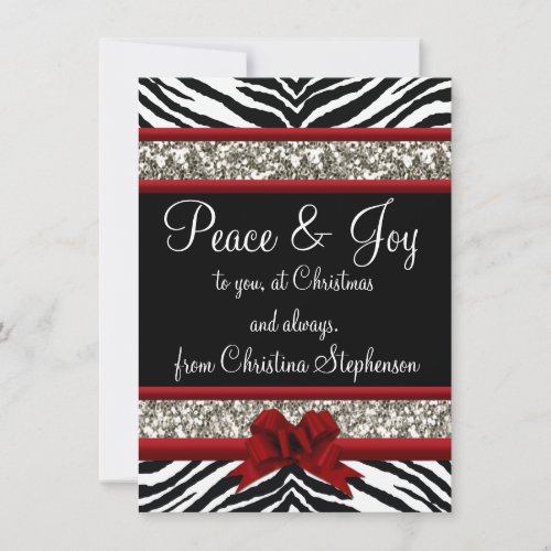 Peace and Joy Cute Zebra Red Bow Sparkle Christmas Holiday Card