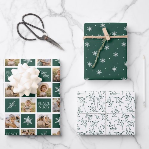 Peace and Joy Dark Green Holiday Photo Collage Wrapping Paper Sheets