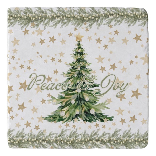 Peace And Joy Green Christmas Tree  Trivet (Front)