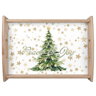 Peace And Joy Green Gold Christmas Tree Serving Tray