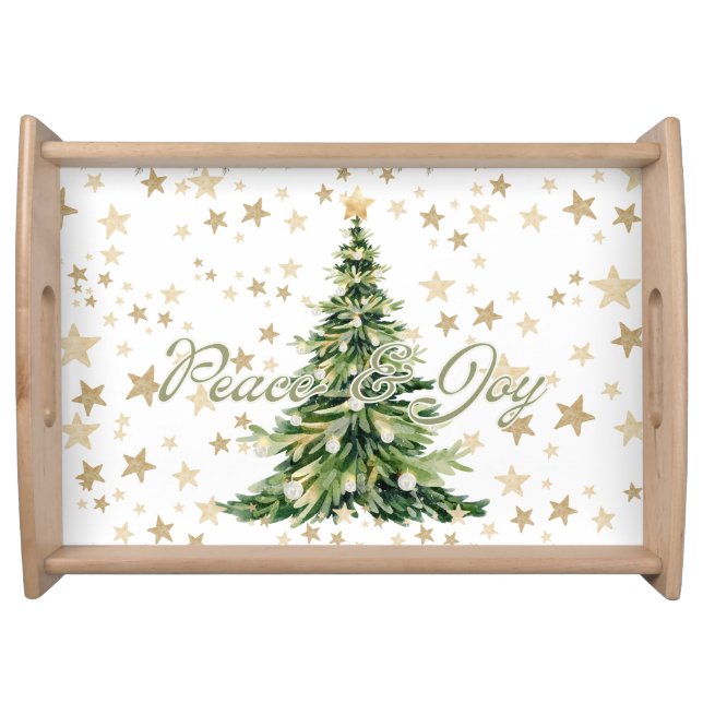Peace And Joy Green Gold Christmas Tree Serving Tray (Front)