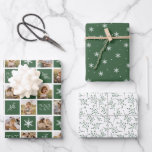 Peace and Joy Green Holiday Photo Collage Wrapping Paper Sheets<br><div class="desc">Add a personalized touch to your holiday gifts with our festive Peace and Joy photo collage wrapping paper. The main design features 12 of your favorite square photos alternating with green squares embellished with white snowflakes, winter branches, and the phrase "Peace and Joy" in modern lettering. The other 2 coordinating...</div>