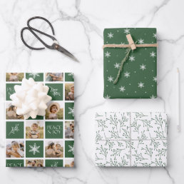 Peace and Joy Green Holiday Photo Collage Wrapping Paper Sheets
