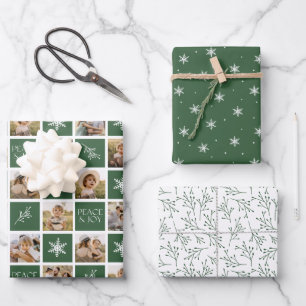 Peace and Joy Green Holiday Photo Collage Wrapping Paper Sheets