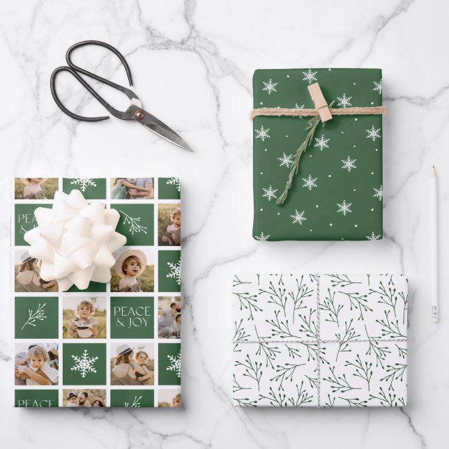 Peace and Joy Green Holiday Photo Collage Wrapping Paper Sheets (Front)