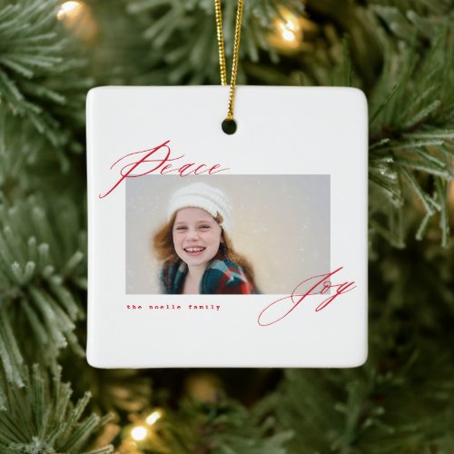 Peace And Joy Modern Calligraphy Red Script Photo Ceramic Ornament