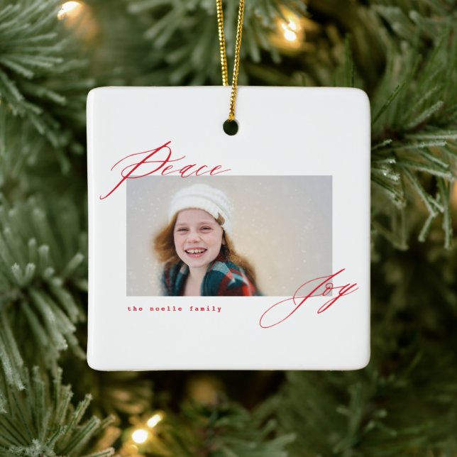 Peace And Joy Modern Calligraphy Red Script Photo Ceramic Ornament (Tree)