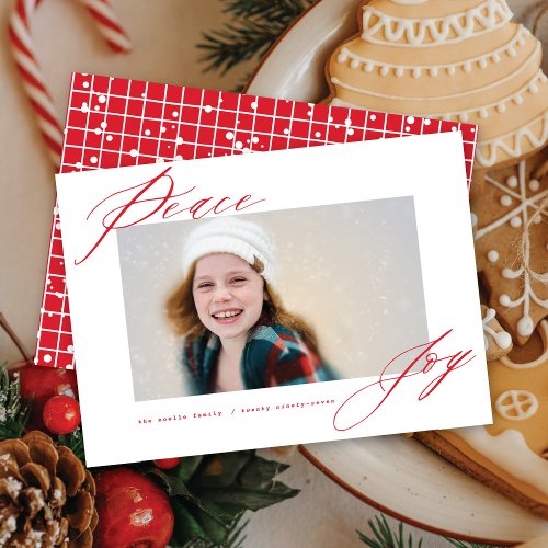 Peace And Joy Modern Calligraphy Red Script Photo Holiday Card