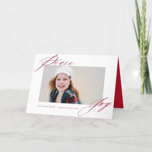 Peace And Joy Modern Calligraphy Red Script Photo Holiday Card