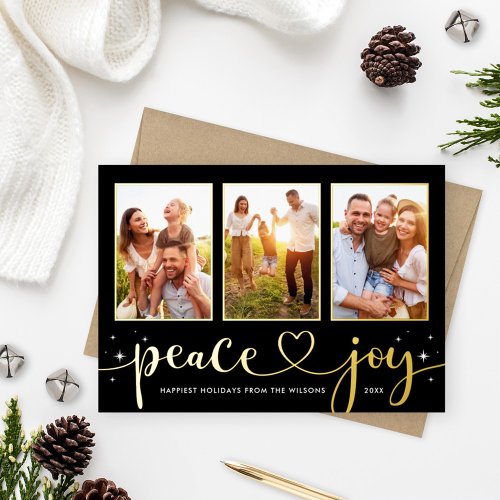 Peace and Joy Modern Gold Heart Script 3 Photo Foil Holiday Card