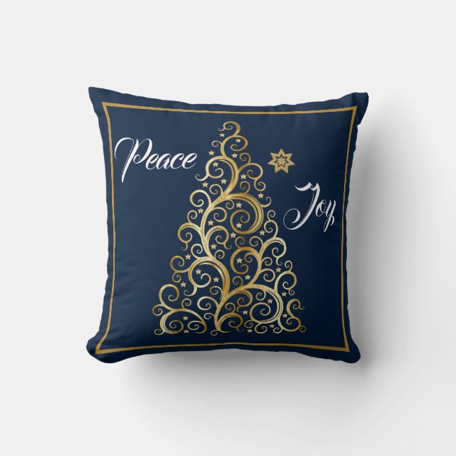 Peace and Joy Navy and Gold Christmas Throw Pillow (Front)